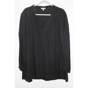 Eileen Fisher Black Linen V-Neck Button Front Tunic Shirt Plus Size 1X